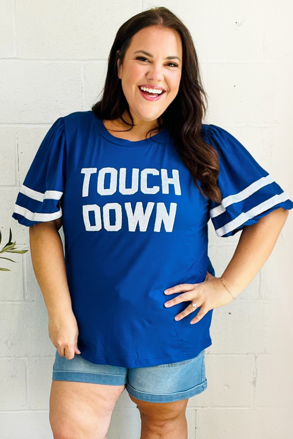 Blue "TOUCHDOWN" Sequin Bubble Sleeve Game Day Top