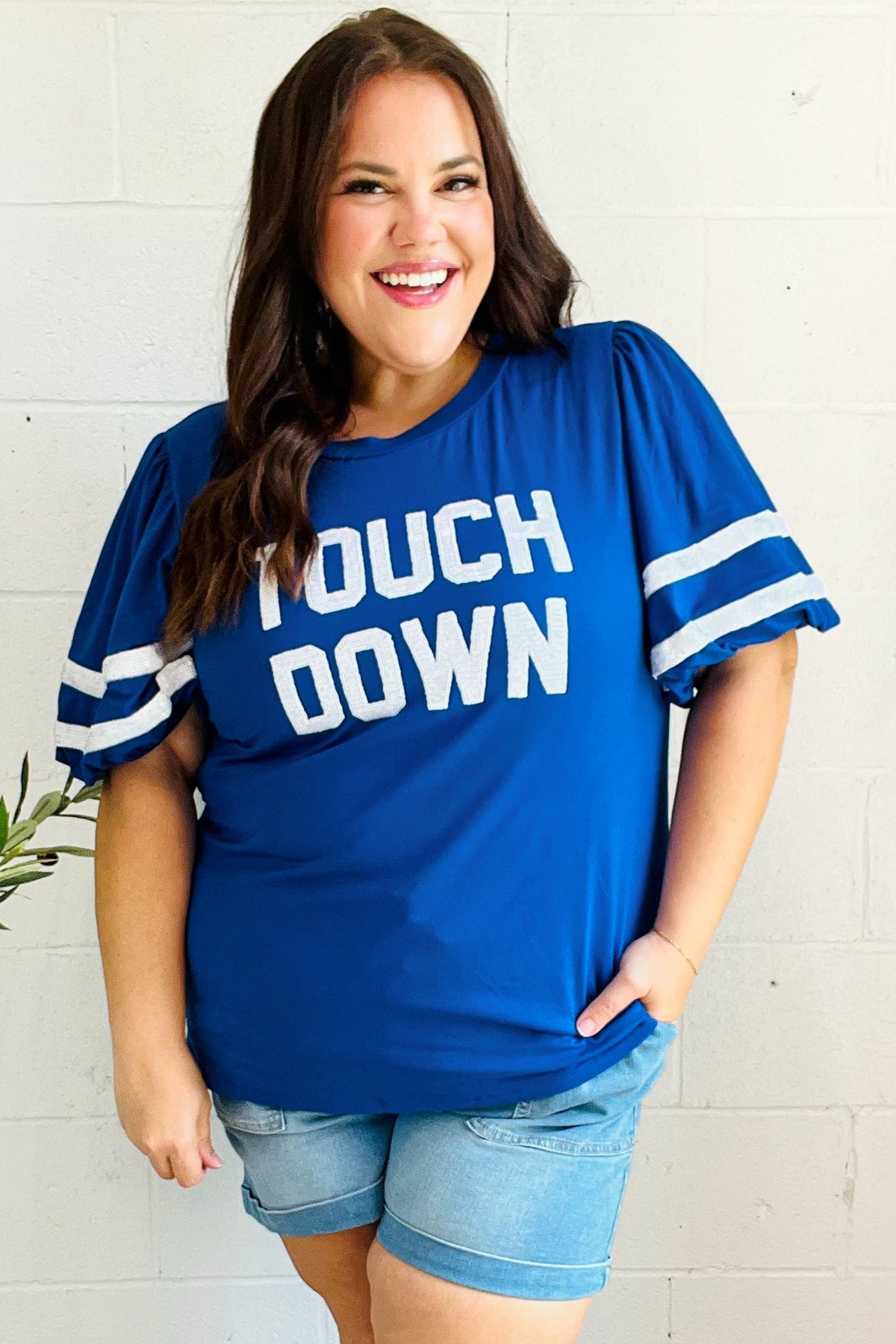 Blue "TOUCHDOWN" Sequin Bubble Sleeve Game Day Top