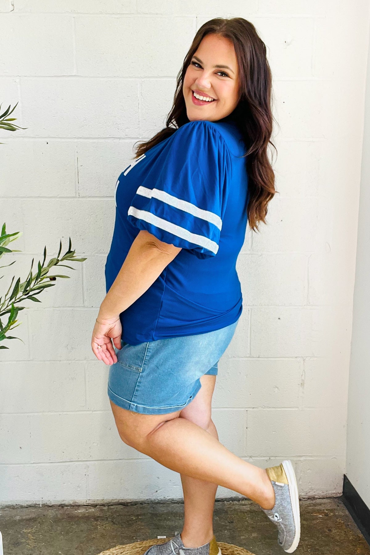 Blue "TOUCHDOWN" Sequin Bubble Sleeve Game Day Top