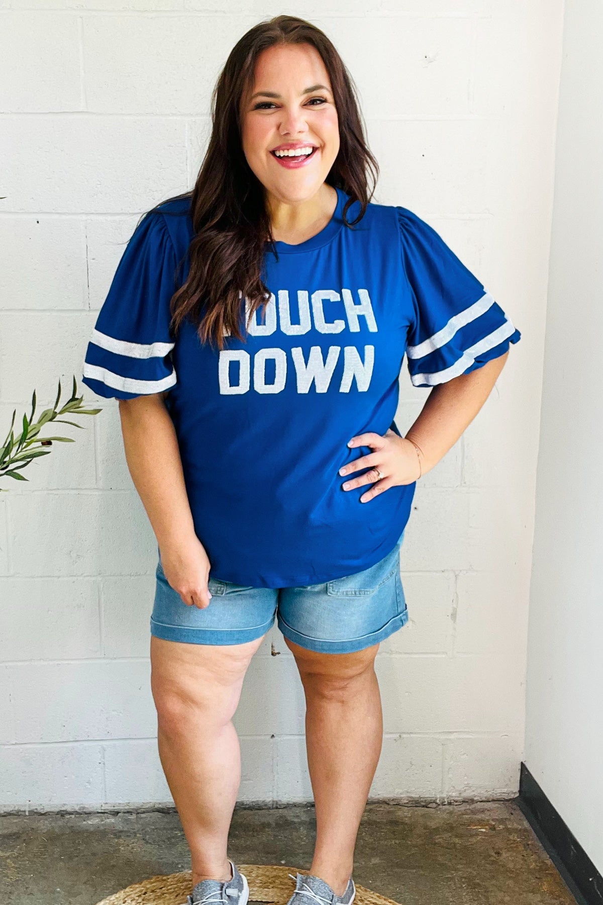 Blue "TOUCHDOWN" Sequin Bubble Sleeve Game Day Top