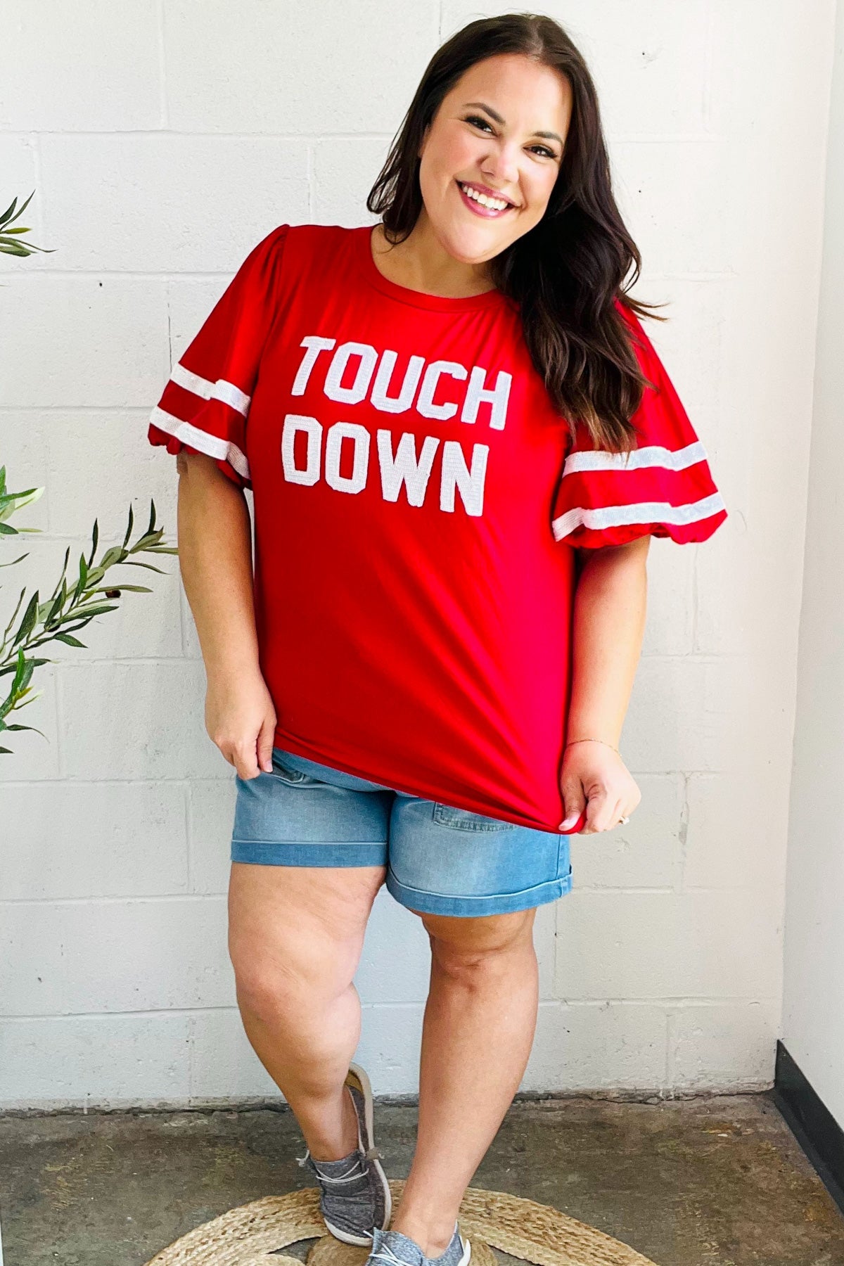 Red "TOUCHDOWN" Sequin Bubble Sleeve Game Day Top