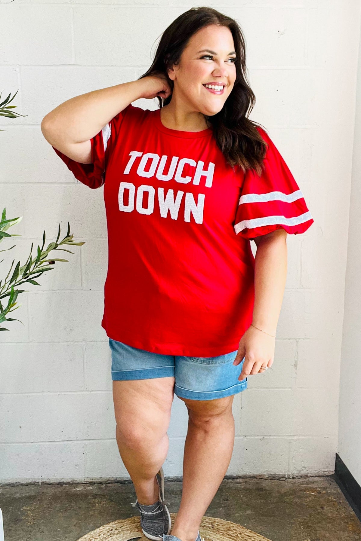 Red "TOUCHDOWN" Sequin Bubble Sleeve Game Day Top