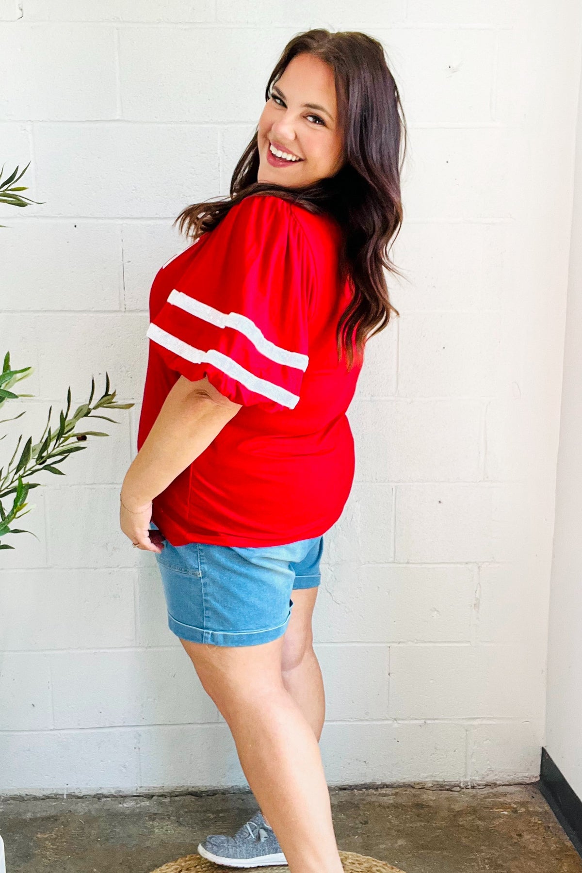 Red "TOUCHDOWN" Sequin Bubble Sleeve Game Day Top