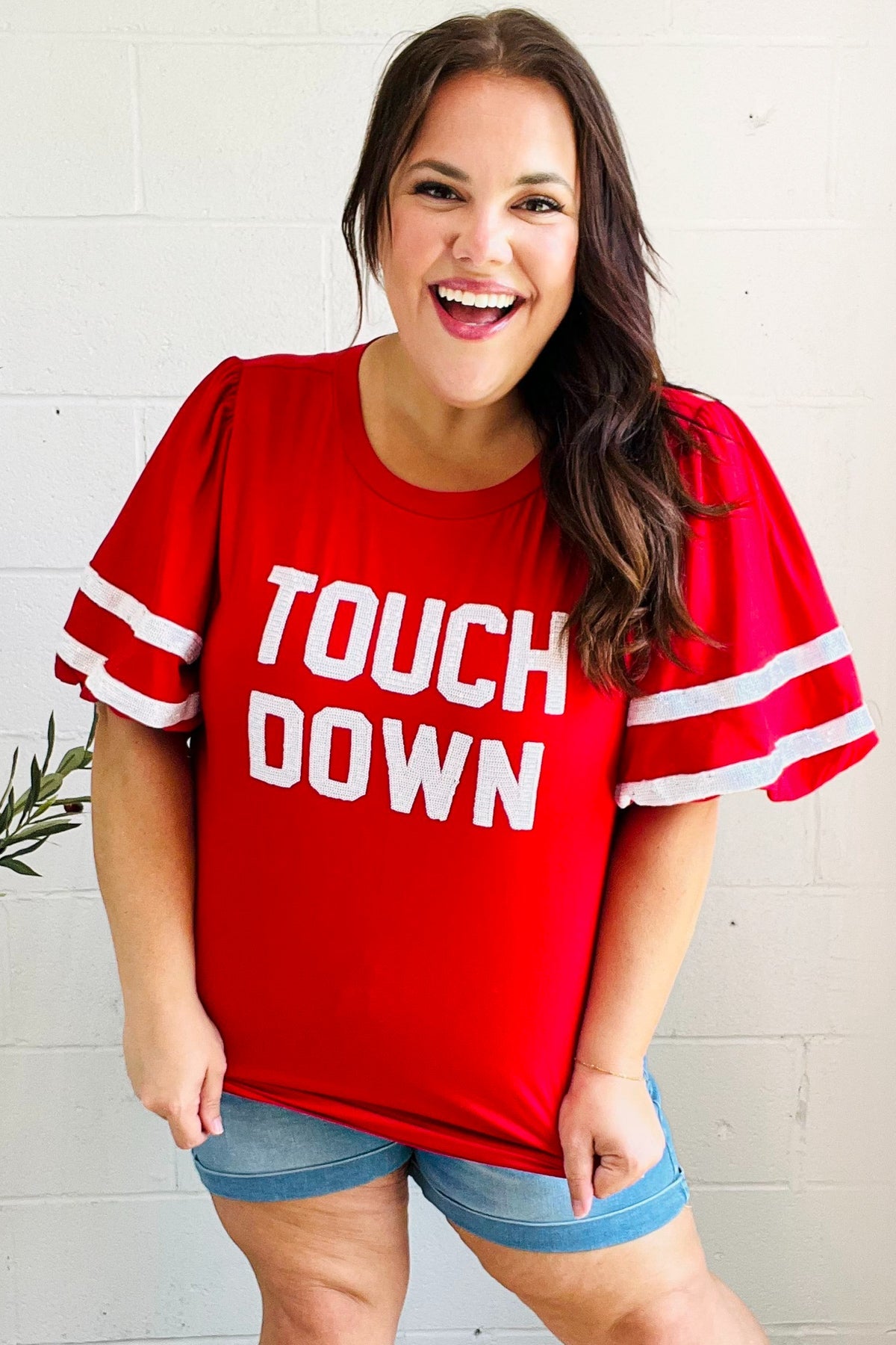 Red "TOUCHDOWN" Sequin Bubble Sleeve Game Day Top