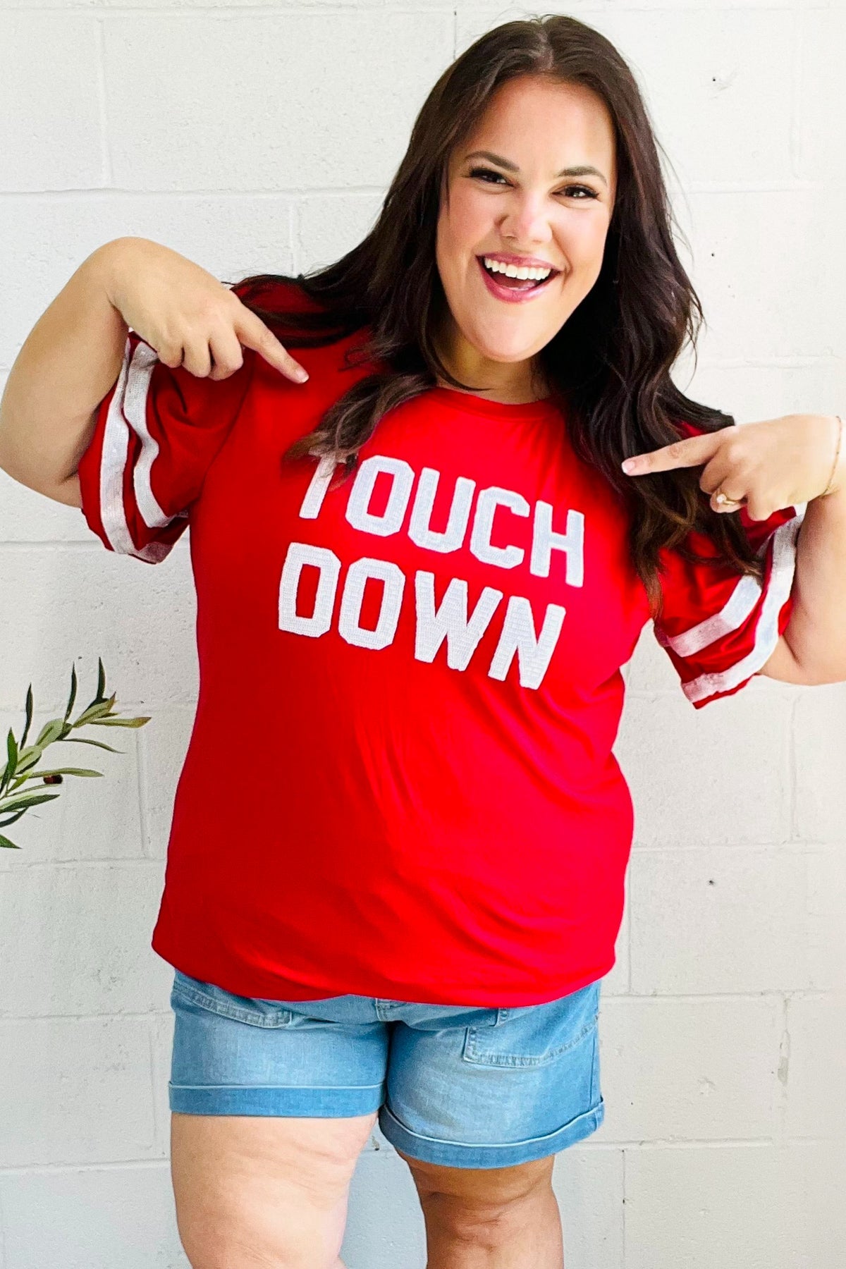 Red "TOUCHDOWN" Sequin Bubble Sleeve Game Day Top