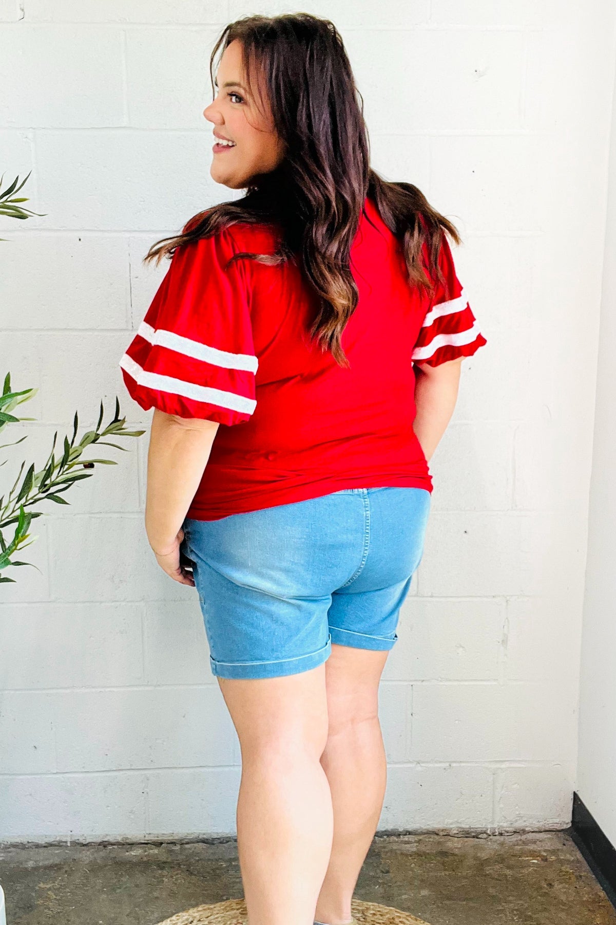 Red "TOUCHDOWN" Sequin Bubble Sleeve Game Day Top