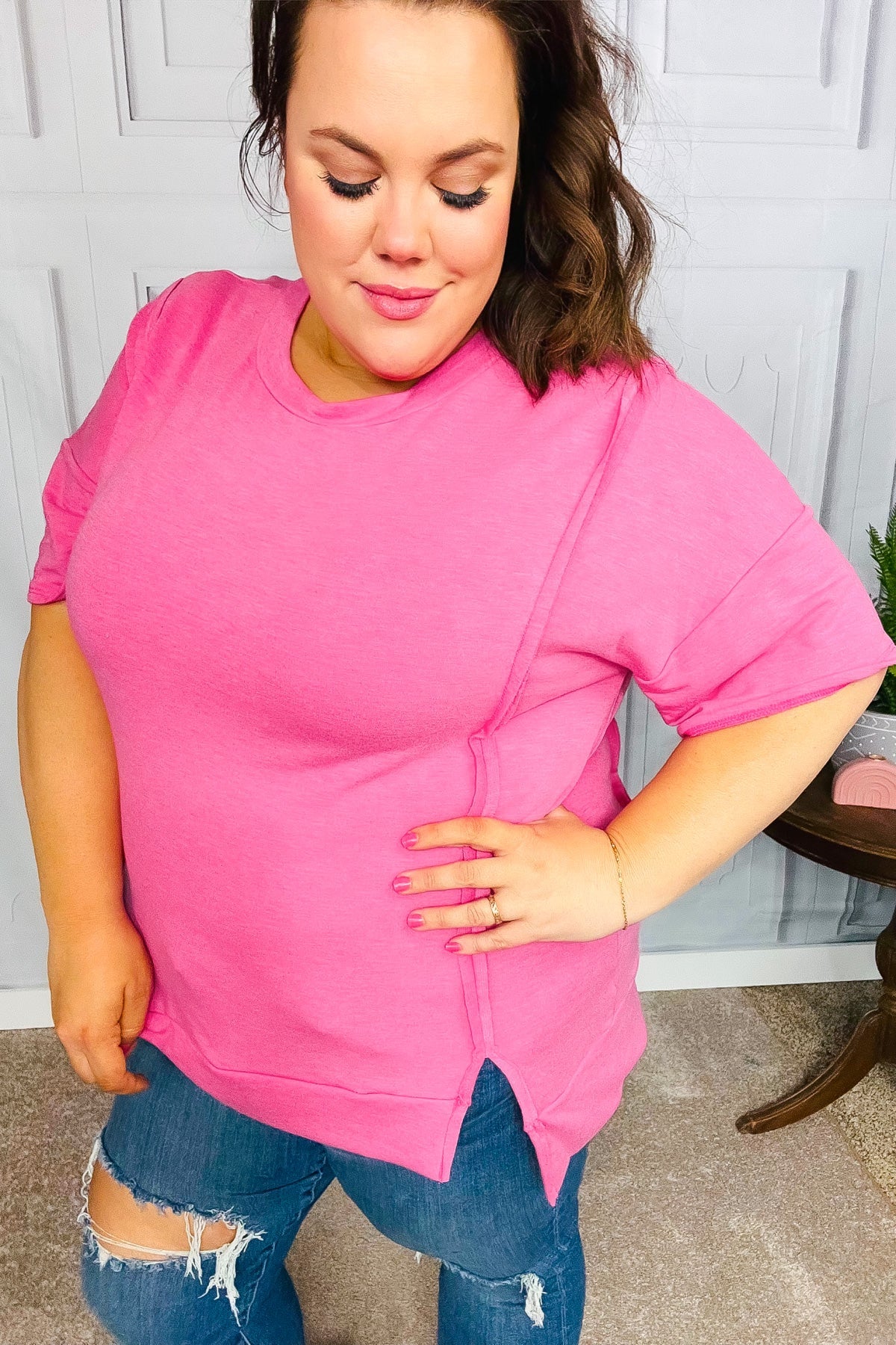 Hot Pink Cut Edge French Terry Top