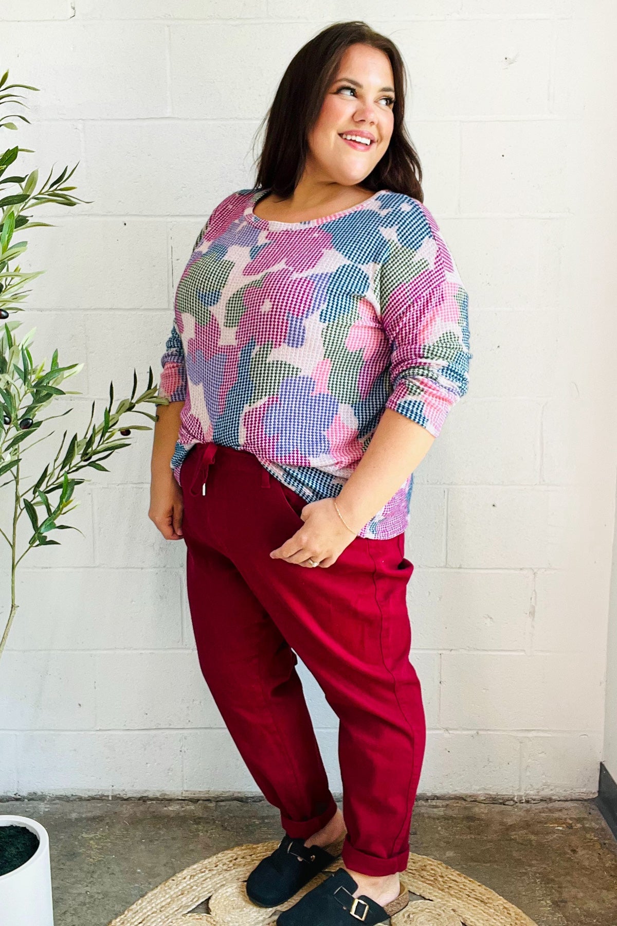 Magenta Floral Vintage Two Tone Knit Top