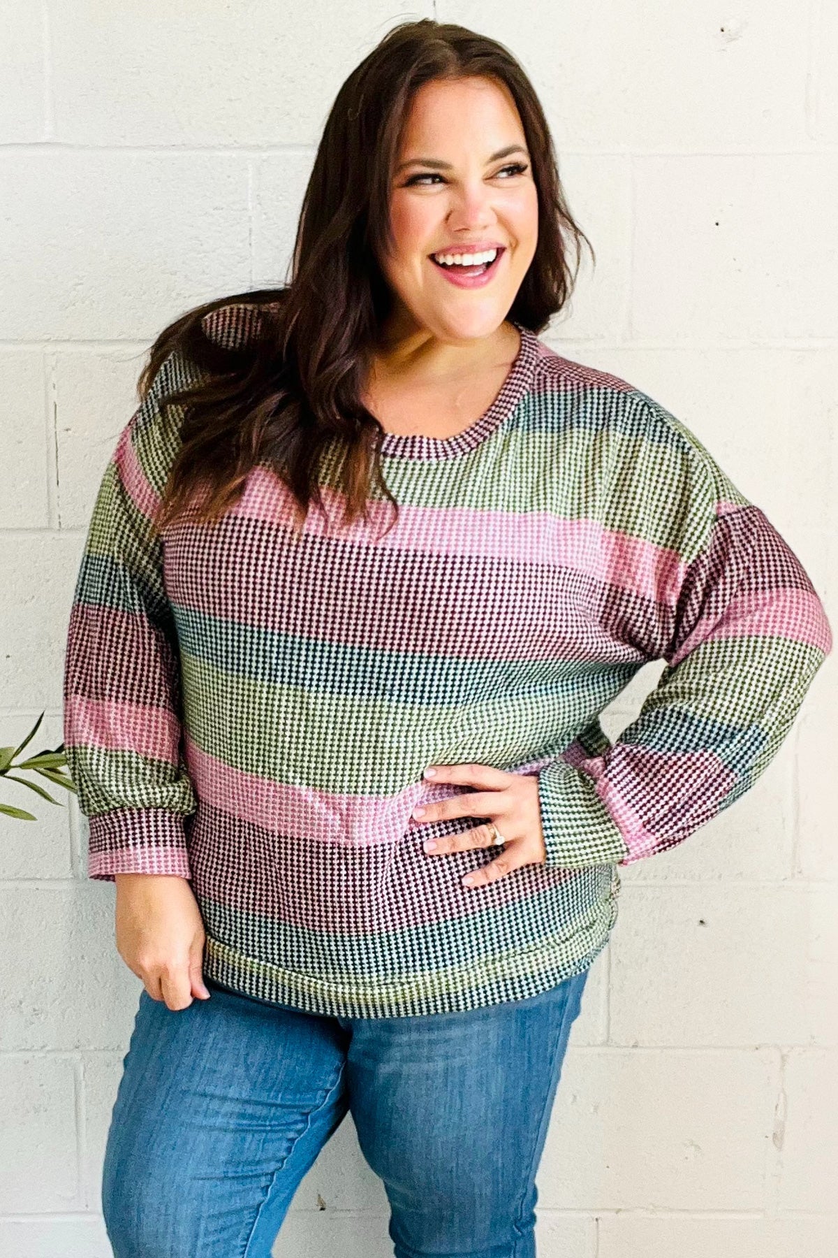 Olive & Burgundy Striped Textured Knit Top