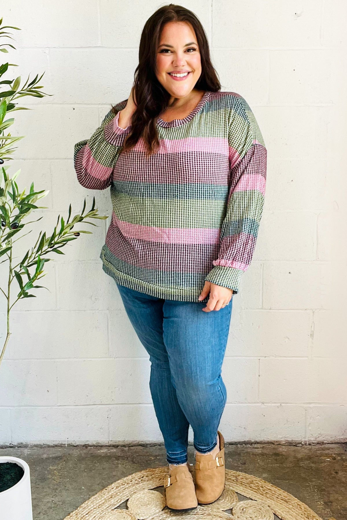 Olive & Burgundy Striped Textured Knit Top