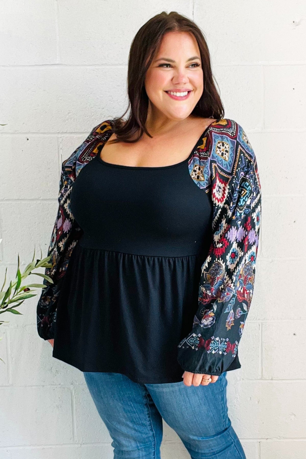 Black Square Neck Border Print Bubble Sleeve Top