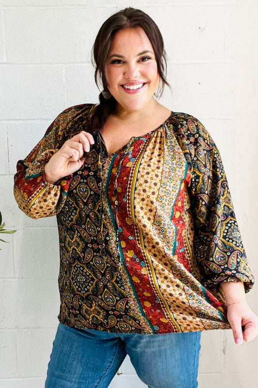 Black & Rust Paisley Raglan Keyhole Tie Top