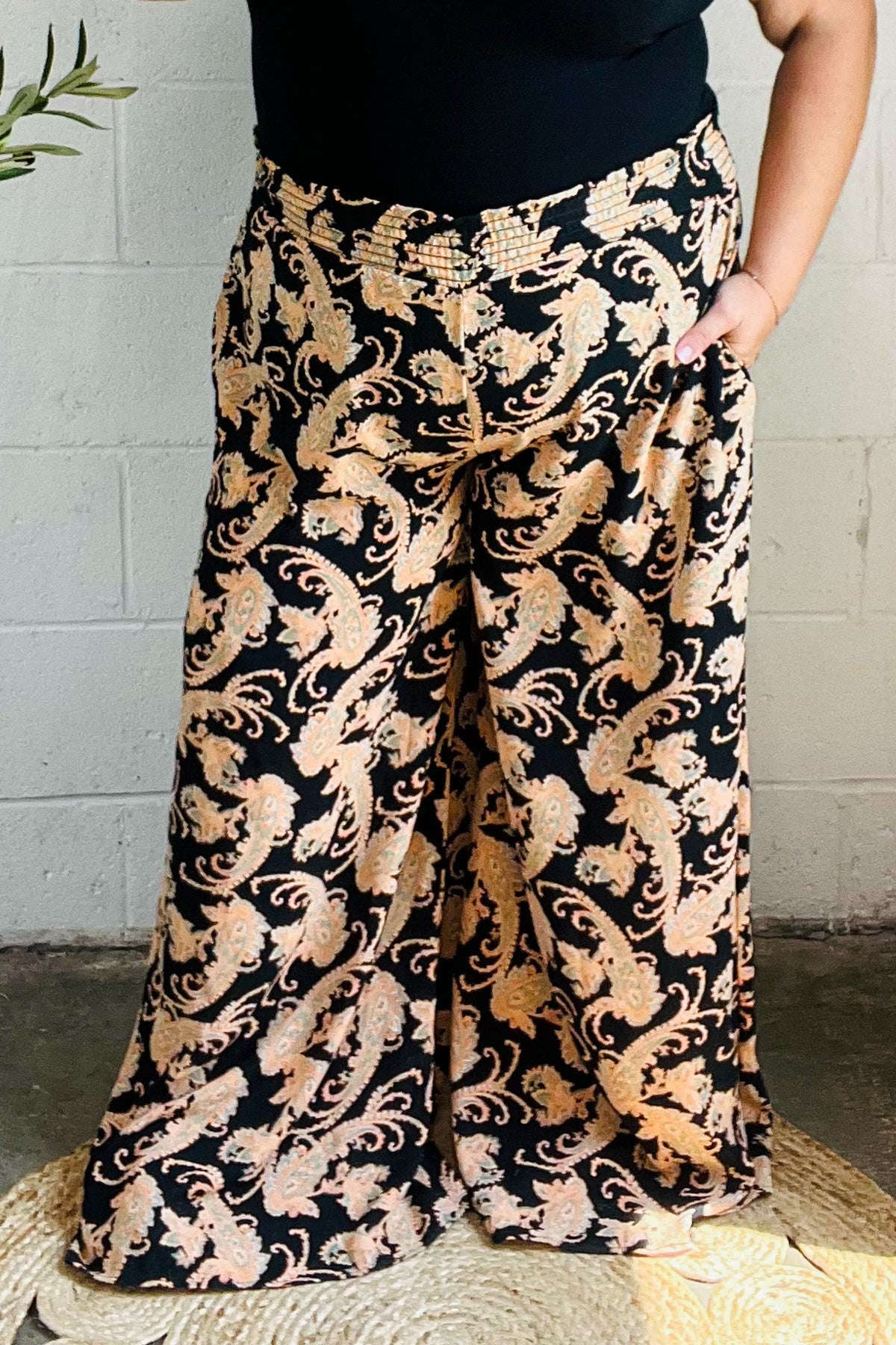 Black Paisley Smocked Waist Palazzo Pants