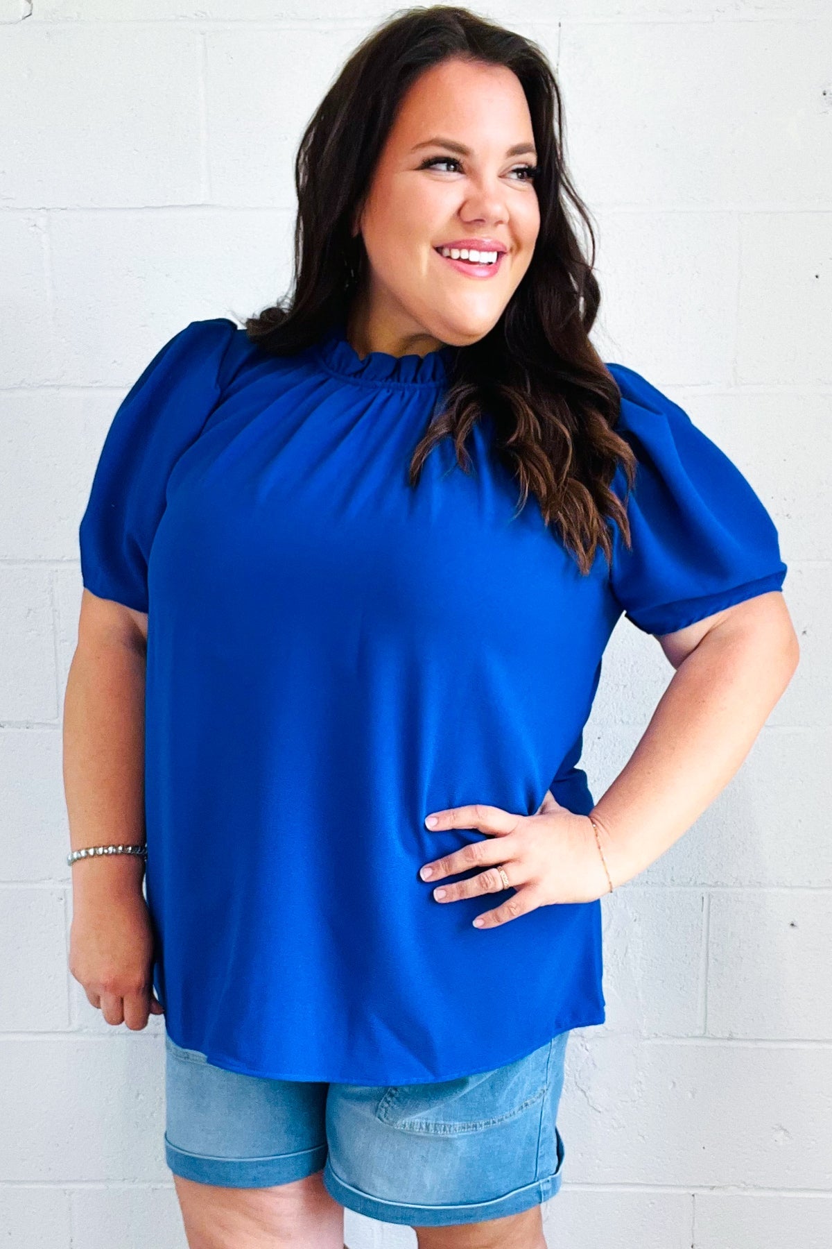 Blue Frill Mock Neck Woven Top