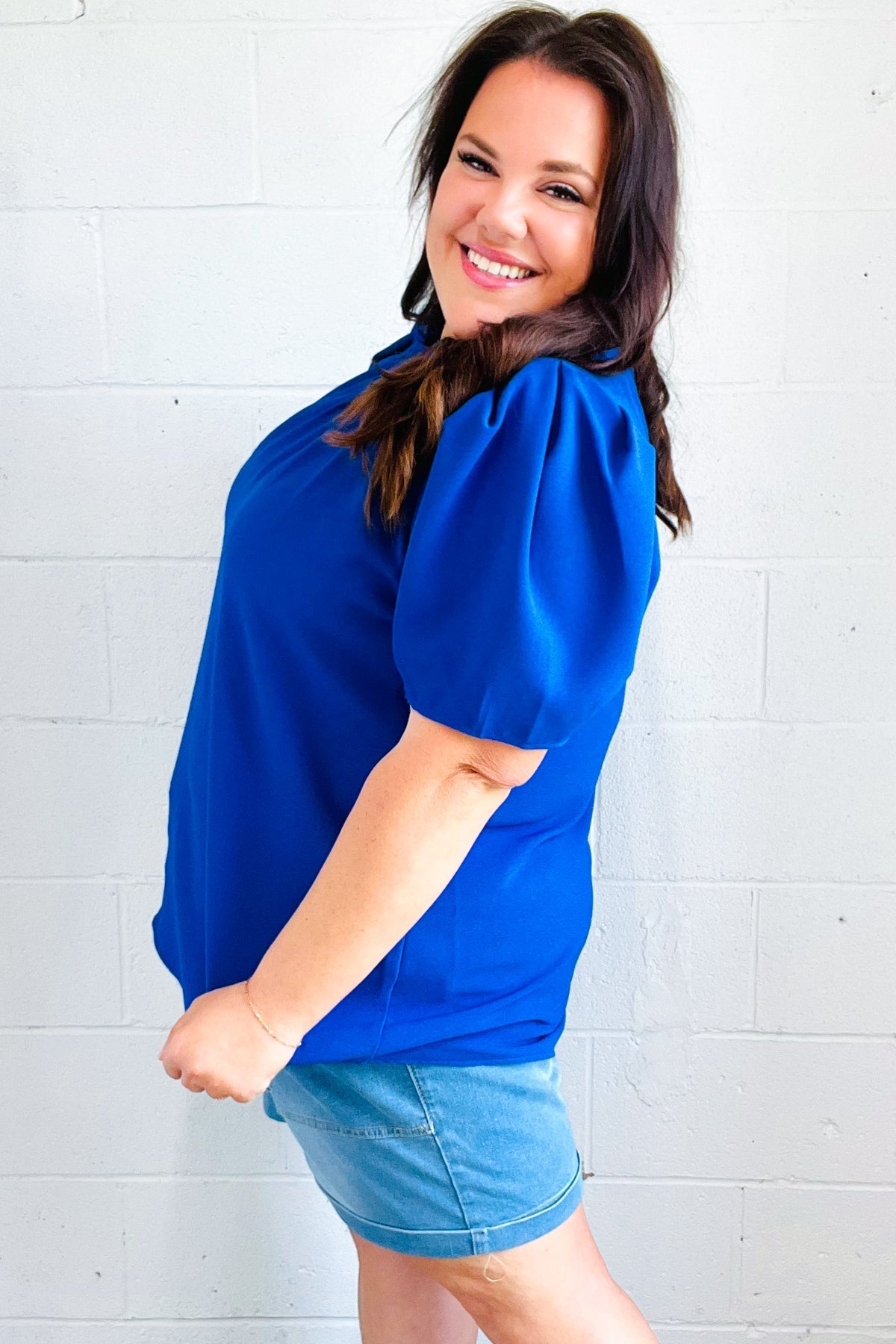 Blue Frill Mock Neck Woven Top