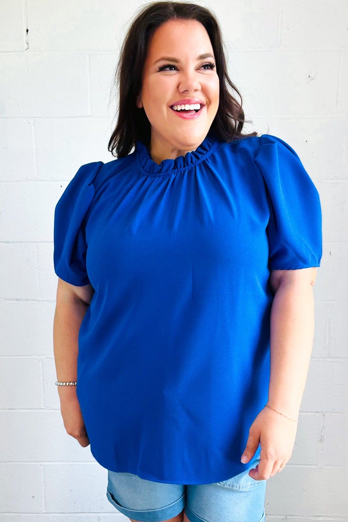 Blue Frill Mock Neck Woven Top