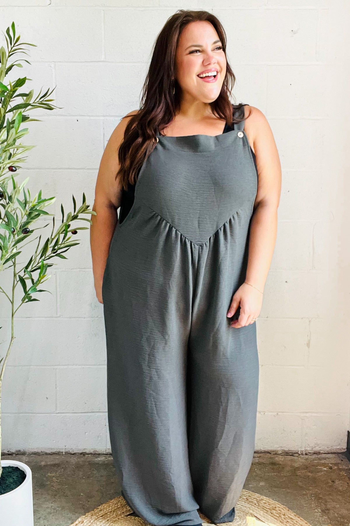 Grey Olive Wide Leg Suspender Overall Jumpsuit