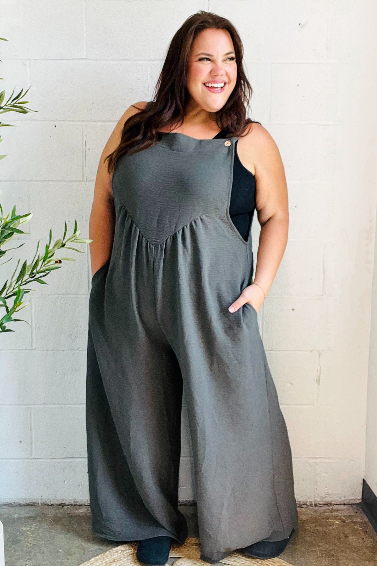 Grey Olive Wide Leg Suspender Overall Jumpsuit