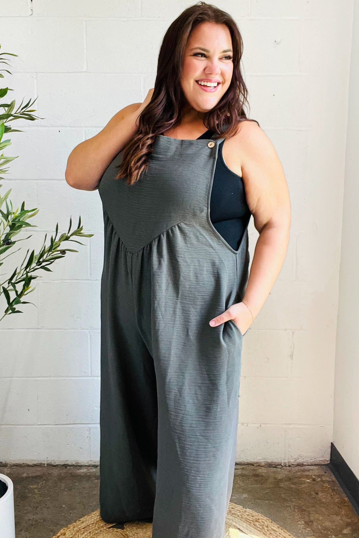 Grey Olive Wide Leg Suspender Overall Jumpsuit