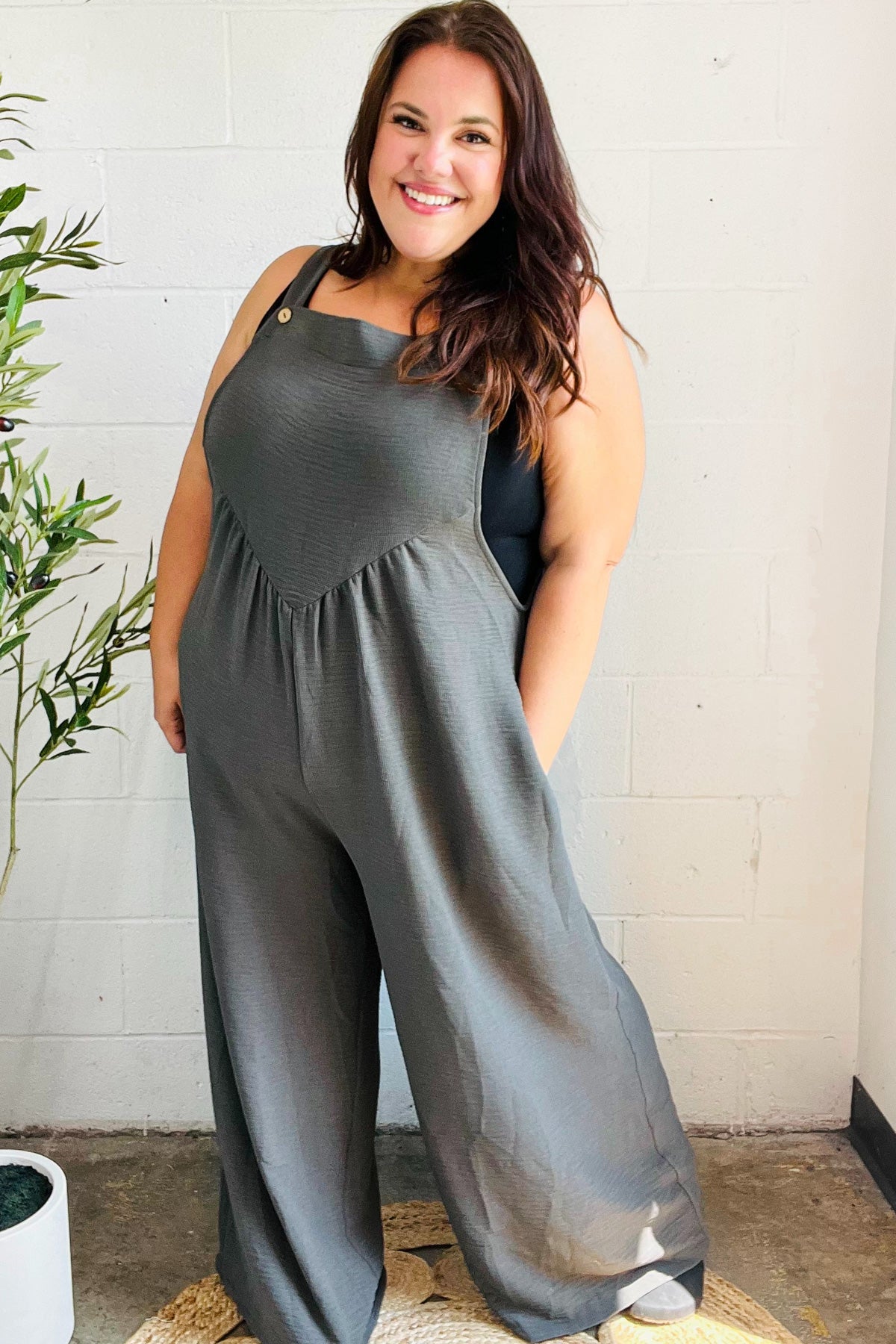 Grey Olive Wide Leg Suspender Overall Jumpsuit