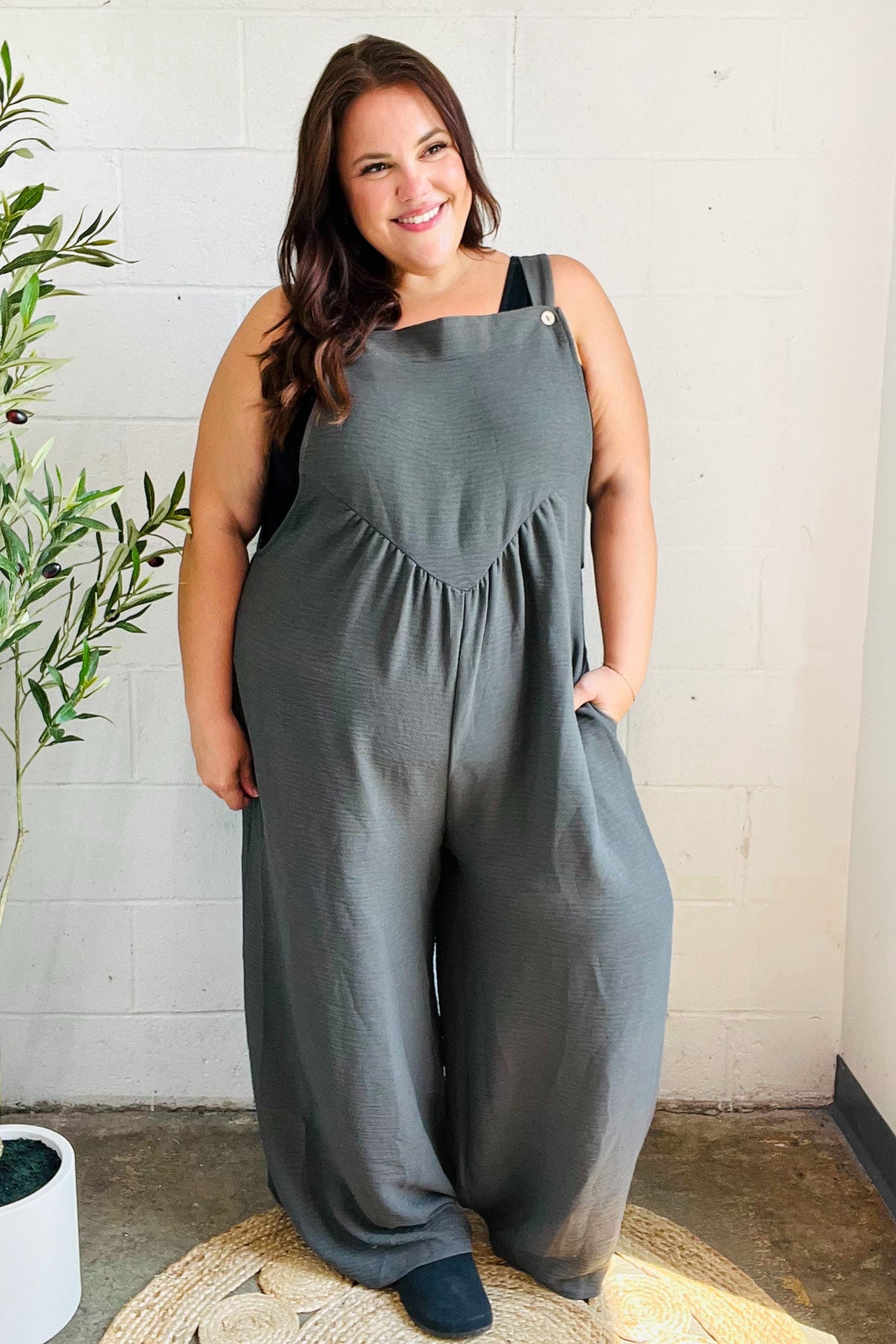 Grey Olive Wide Leg Suspender Overall Jumpsuit