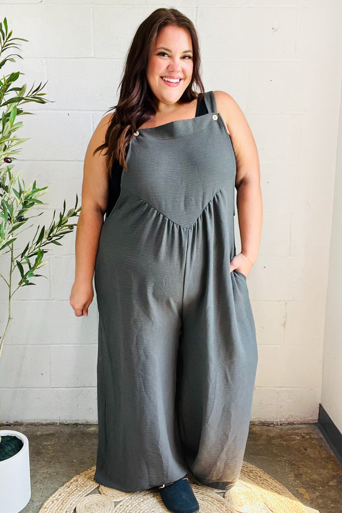 Grey Olive Wide Leg Suspender Overall Jumpsuit