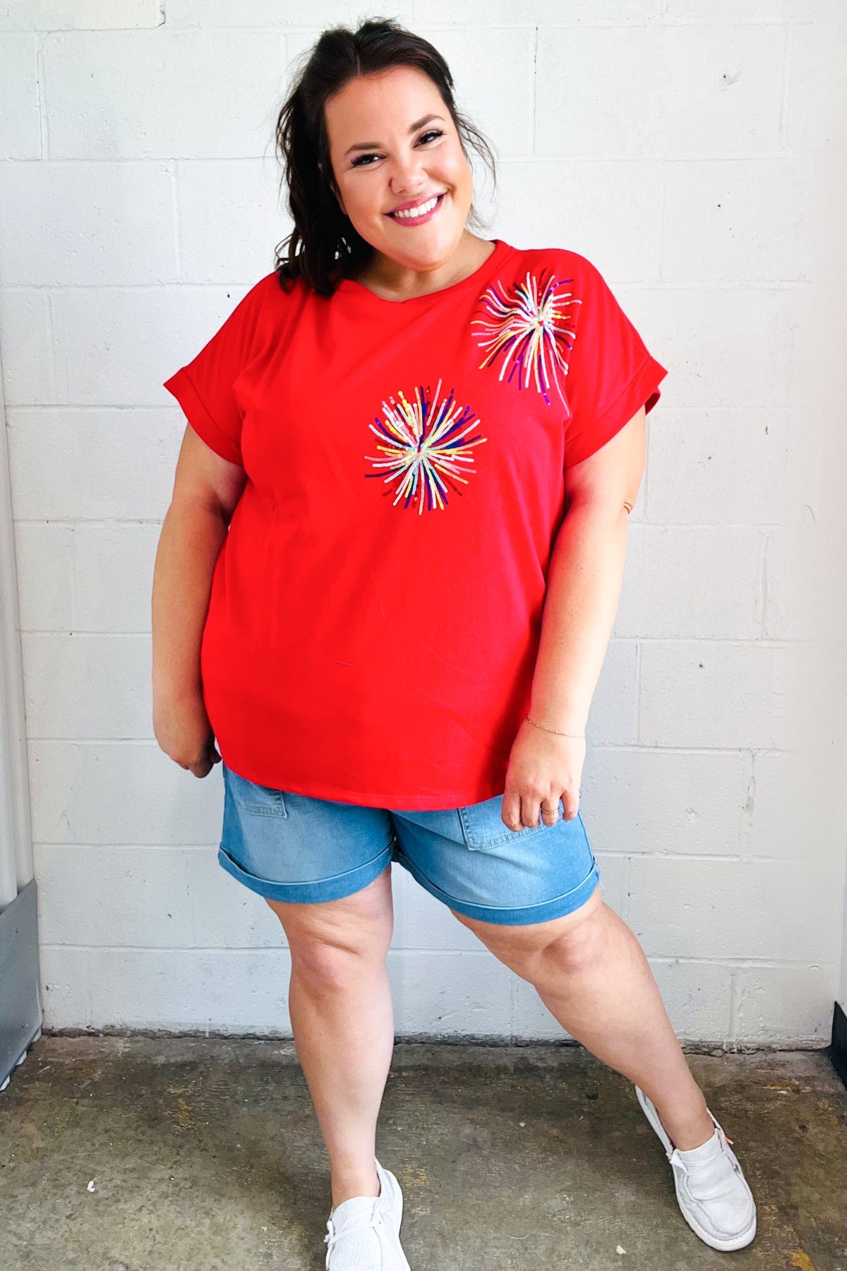 Red Sequin Firework Dolman Top