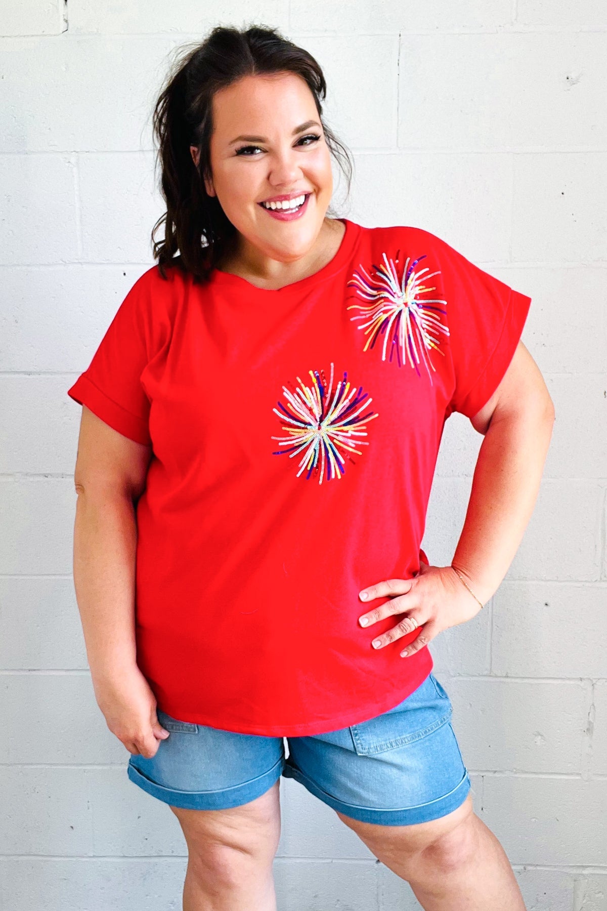 Red Sequin Firework Dolman Top