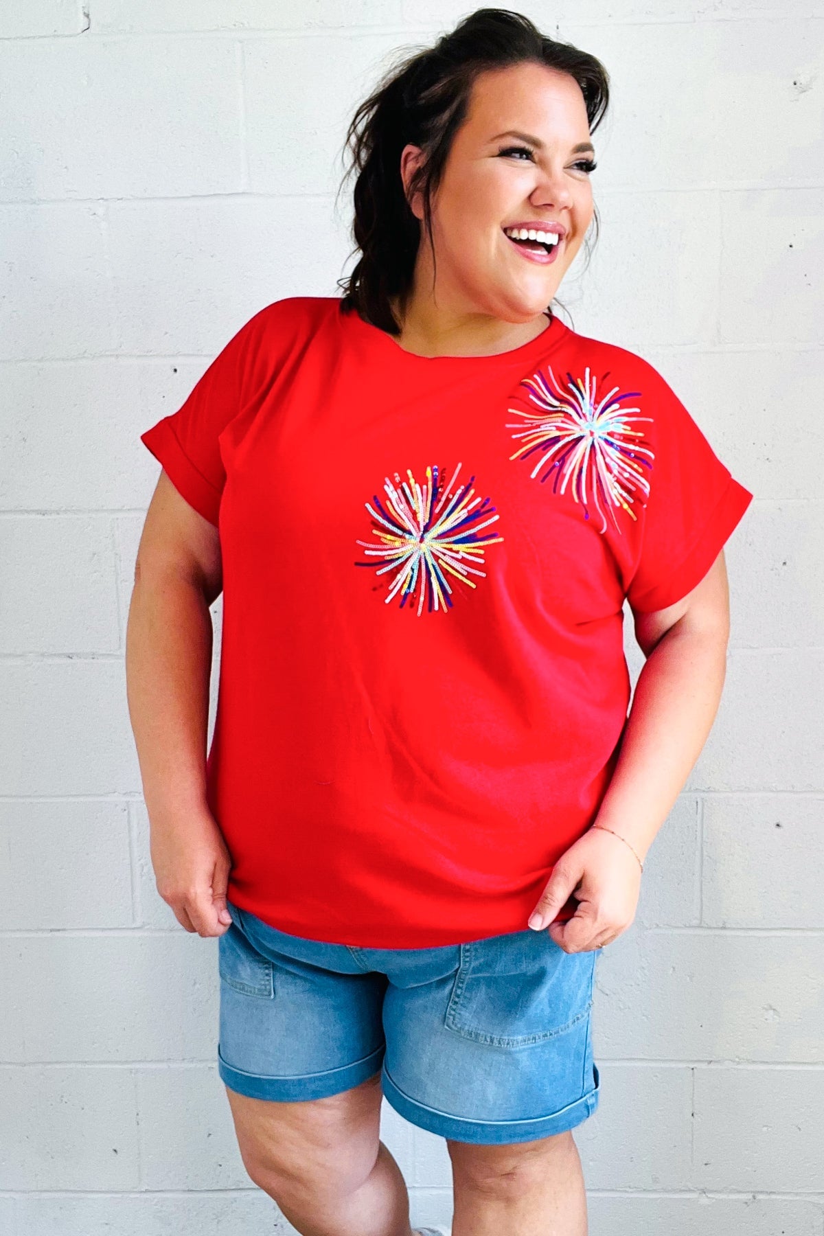 Red Sequin Firework Dolman Top