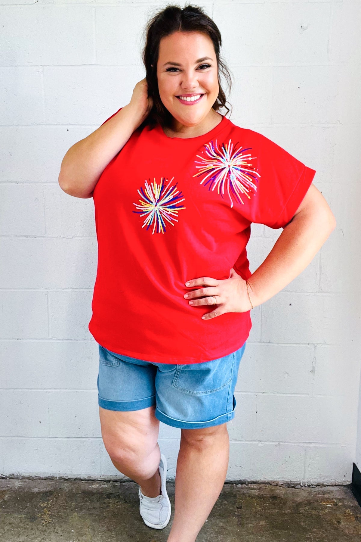 Red Sequin Firework Dolman Top