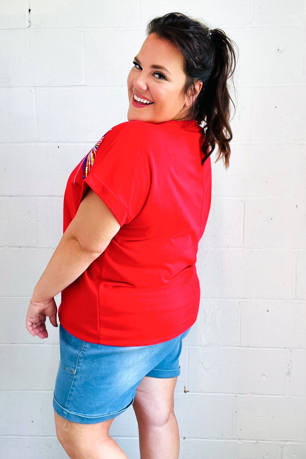 Red Sequin Firework Dolman Top