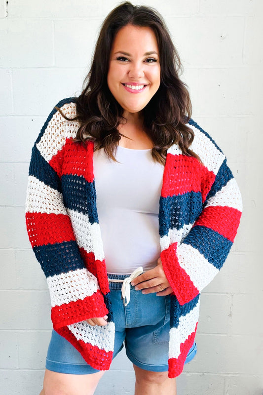 Red White & Blue Striped Crochet Cardigan