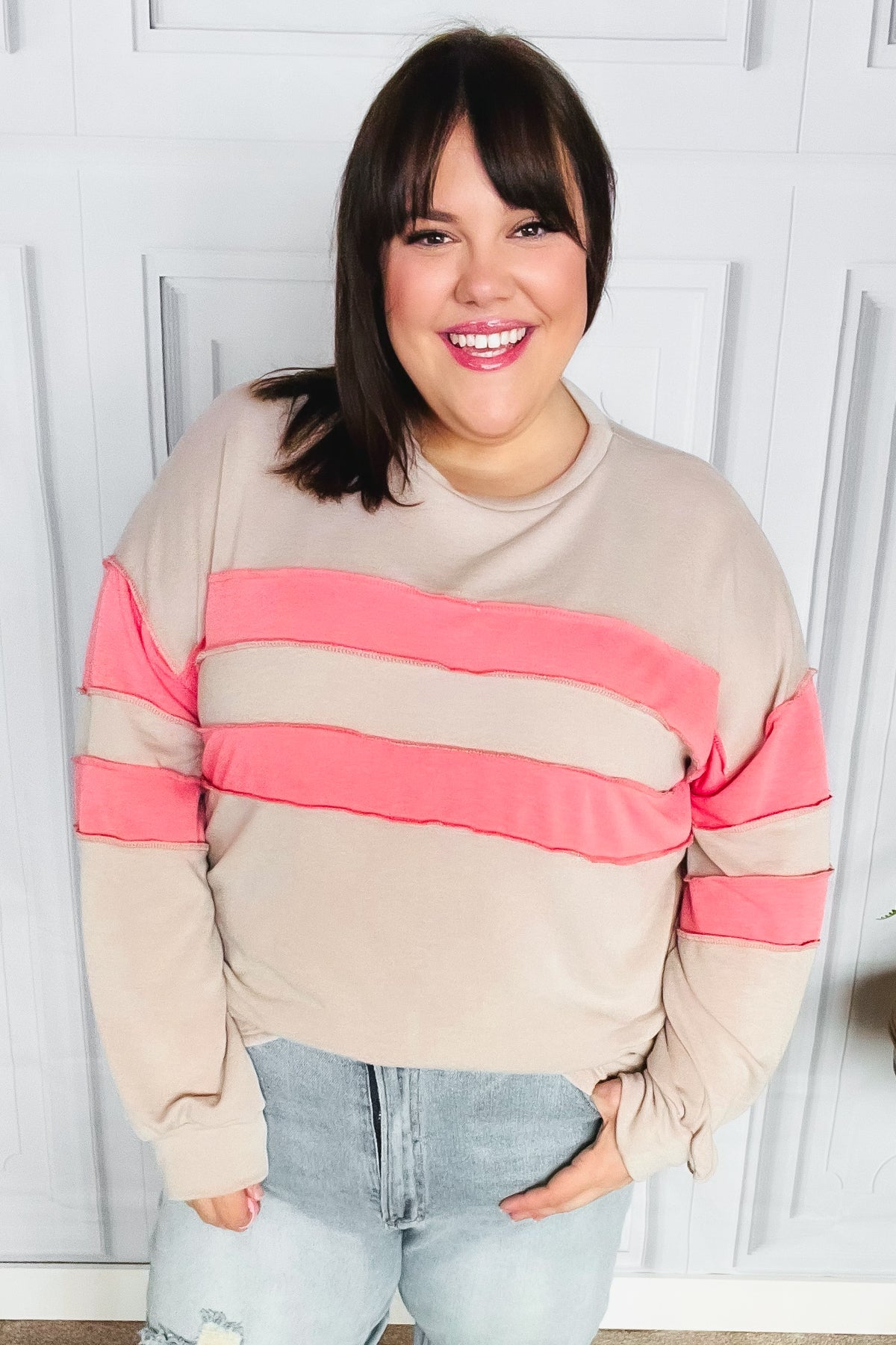 Taupe & Coral Game Day Stripe Outseam Terry Top