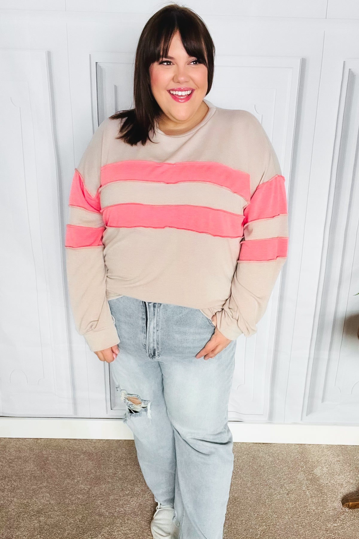 Taupe & Coral Game Day Stripe Outseam Terry Top