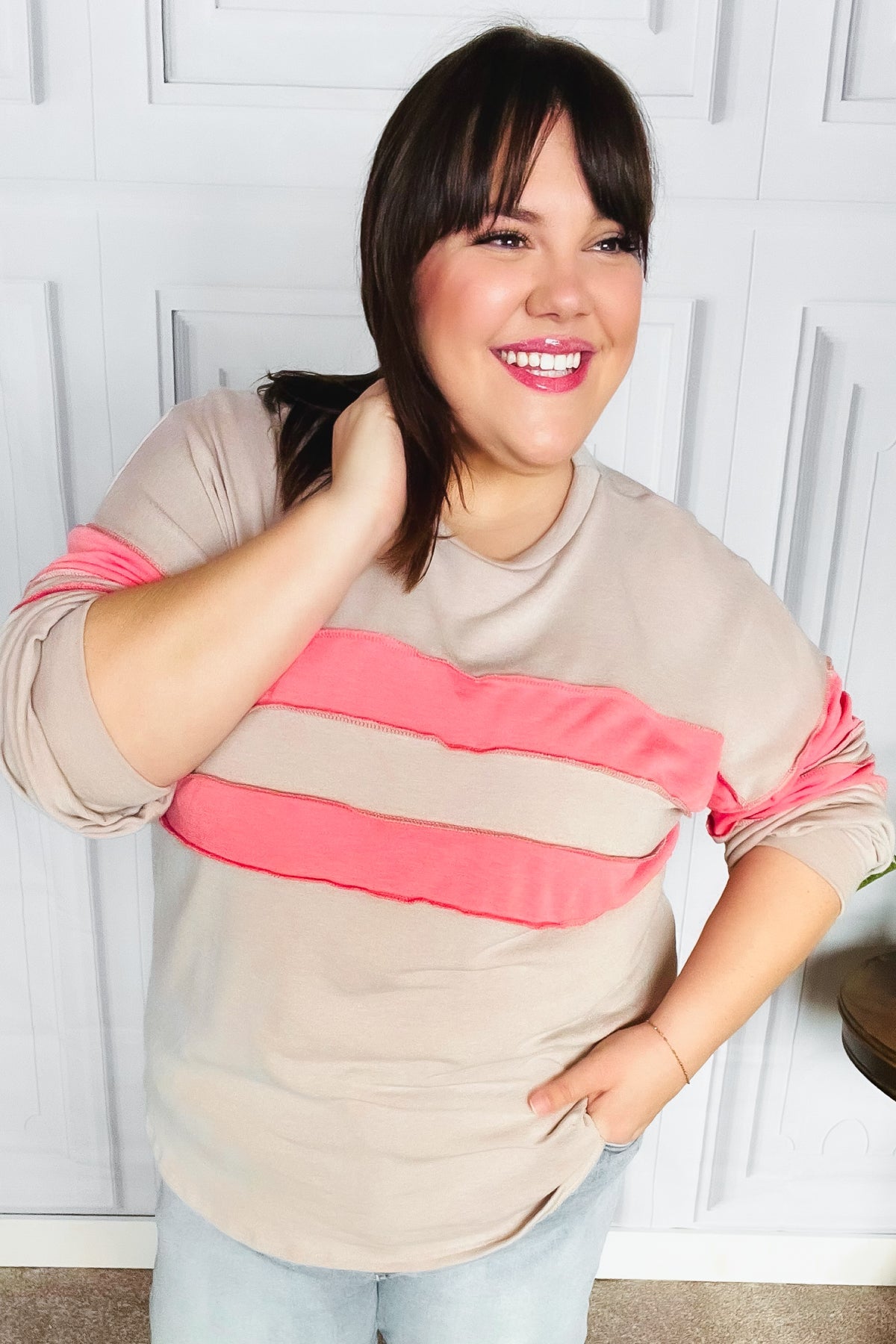 Taupe & Coral Game Day Stripe Outseam Terry Top