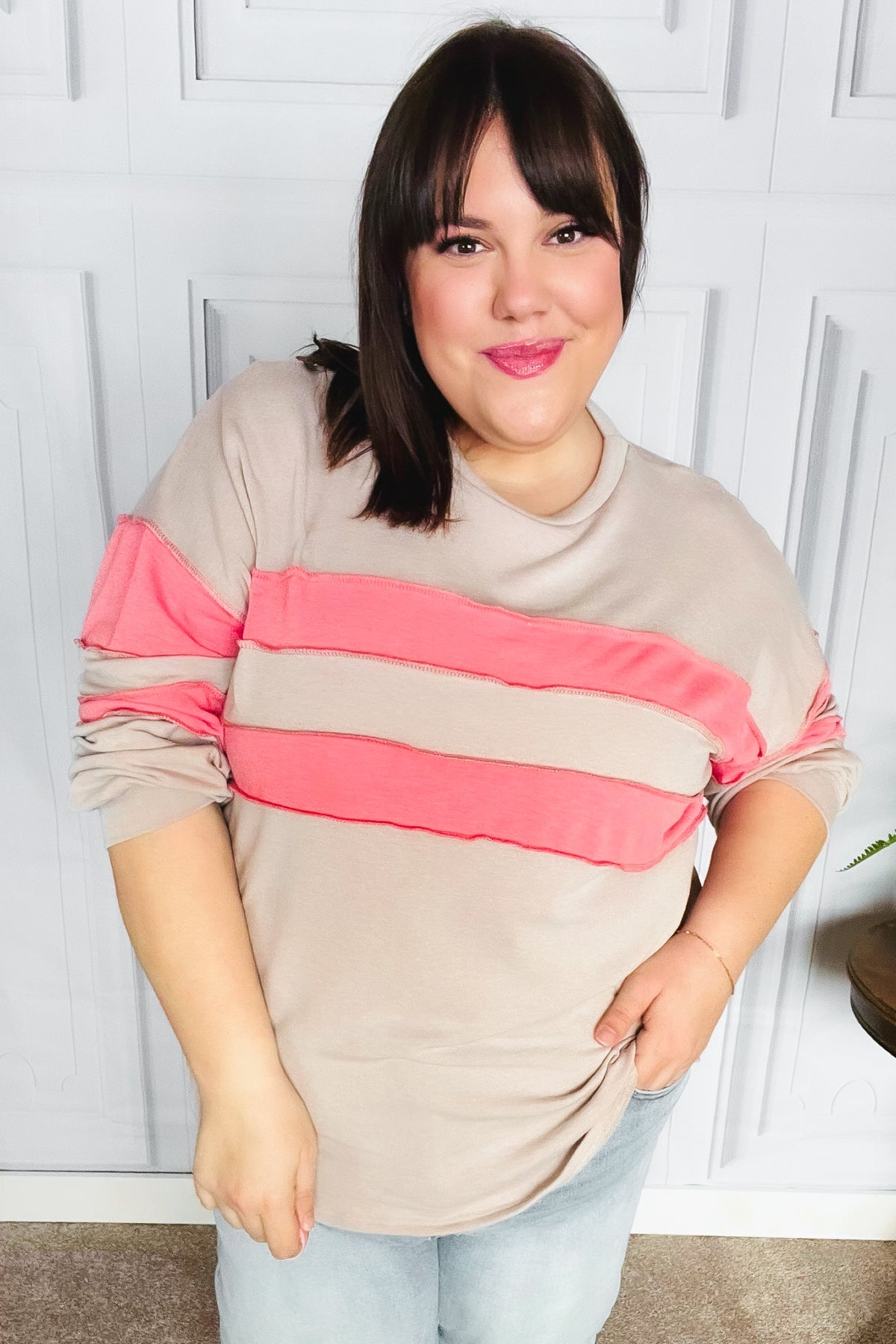 Taupe & Coral Game Day Stripe Outseam Terry Top