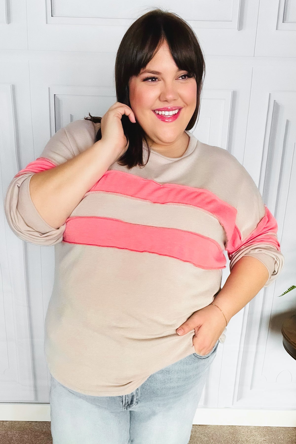 Taupe & Coral Game Day Stripe Outseam Terry Top