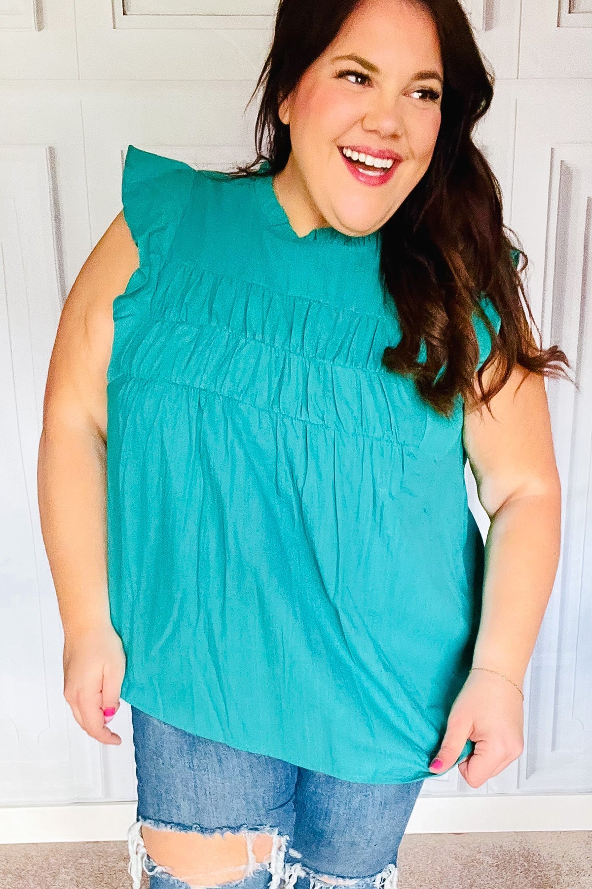 Cotton Turquoise Frill Mock Neck Flutter Sleeve Top