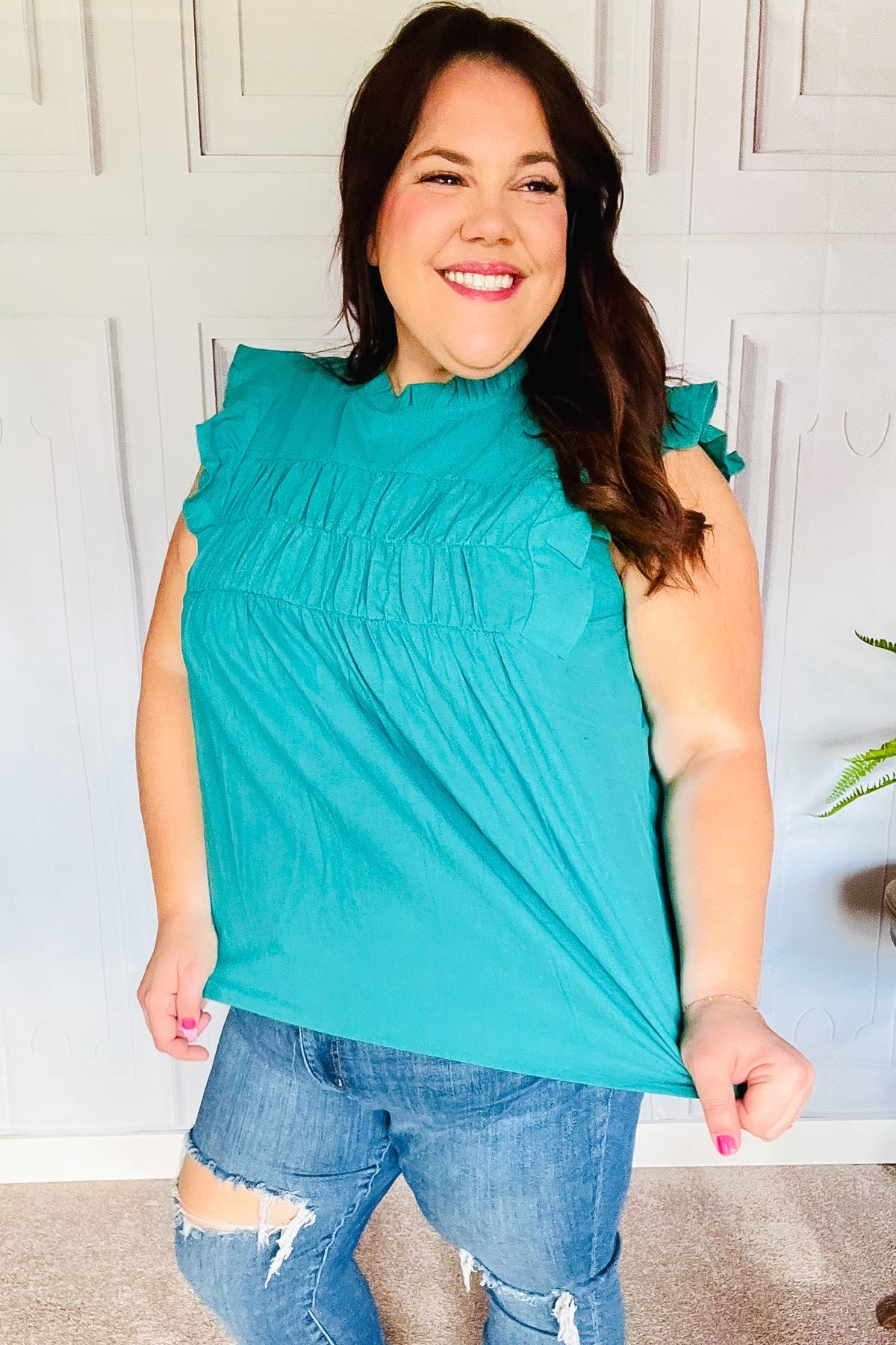 Cotton Turquoise Frill Mock Neck Flutter Sleeve Top