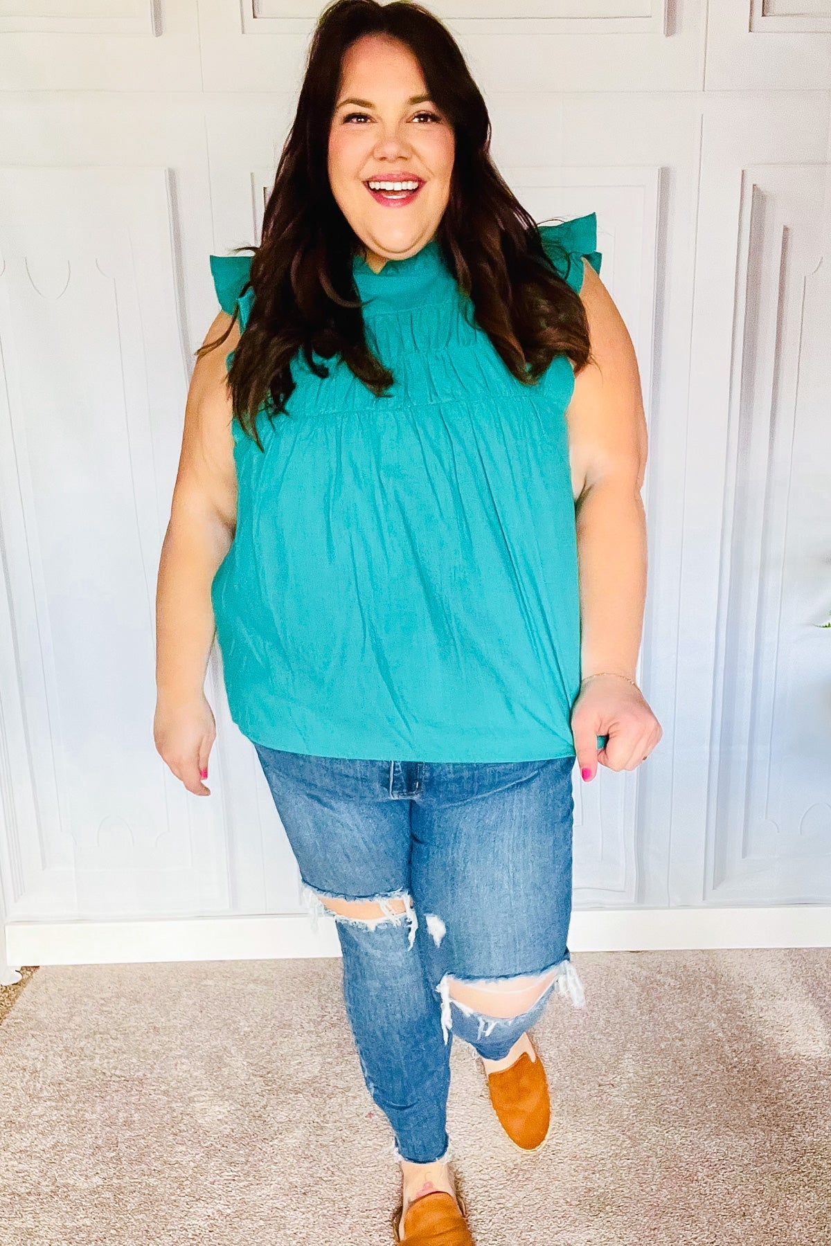 Cotton Turquoise Frill Mock Neck Flutter Sleeve Top