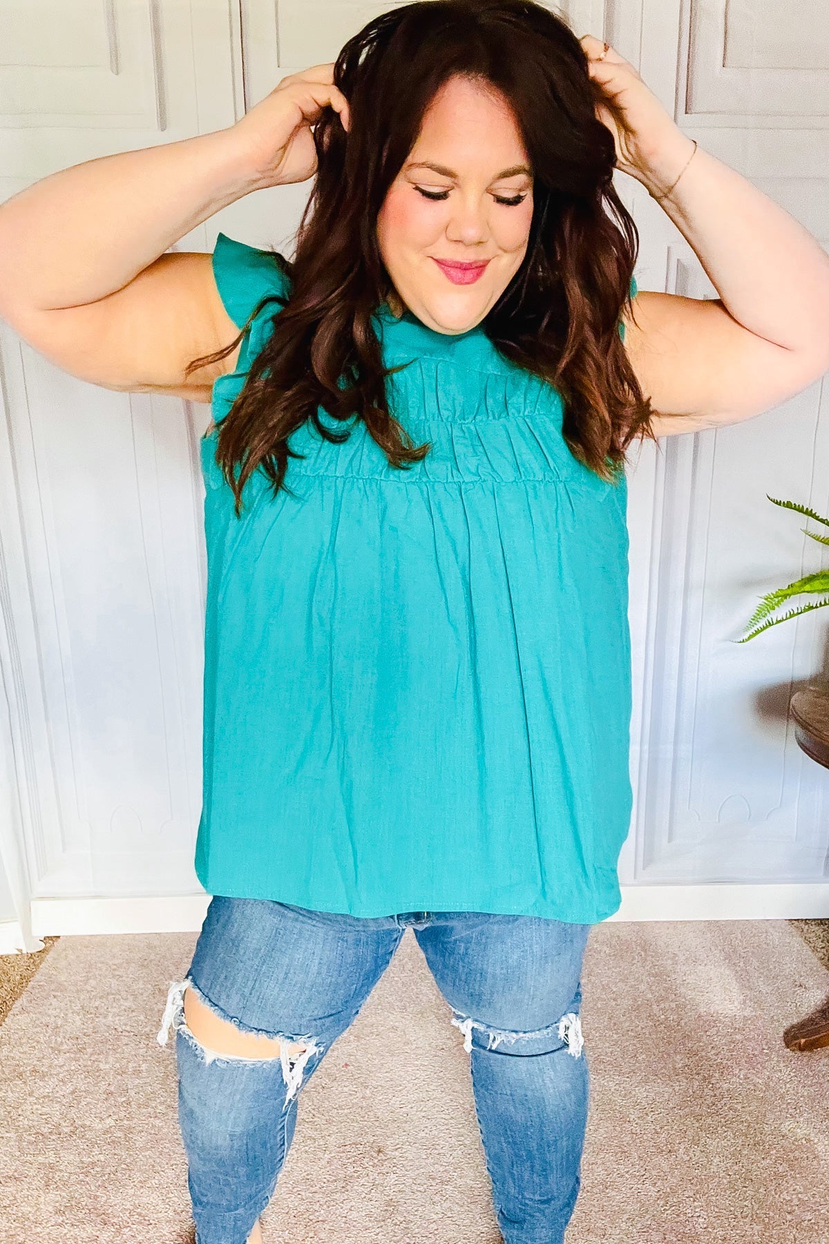 Cotton Turquoise Frill Mock Neck Flutter Sleeve Top