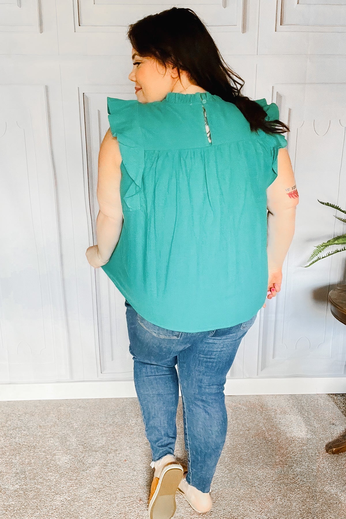 Cotton Turquoise Frill Mock Neck Flutter Sleeve Top