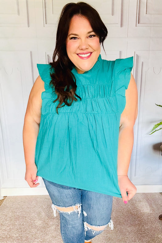 Cotton Turquoise Frill Mock Neck Flutter Sleeve Top