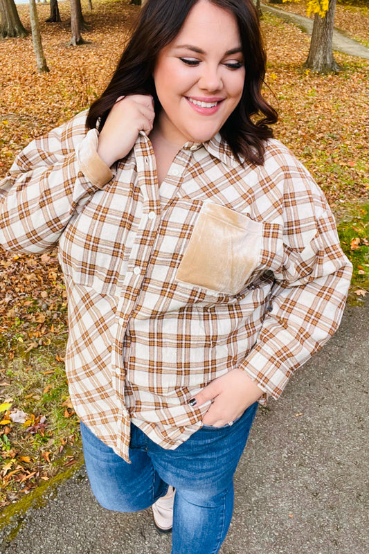 Taupe Plaid Velvet Pocket Shirt