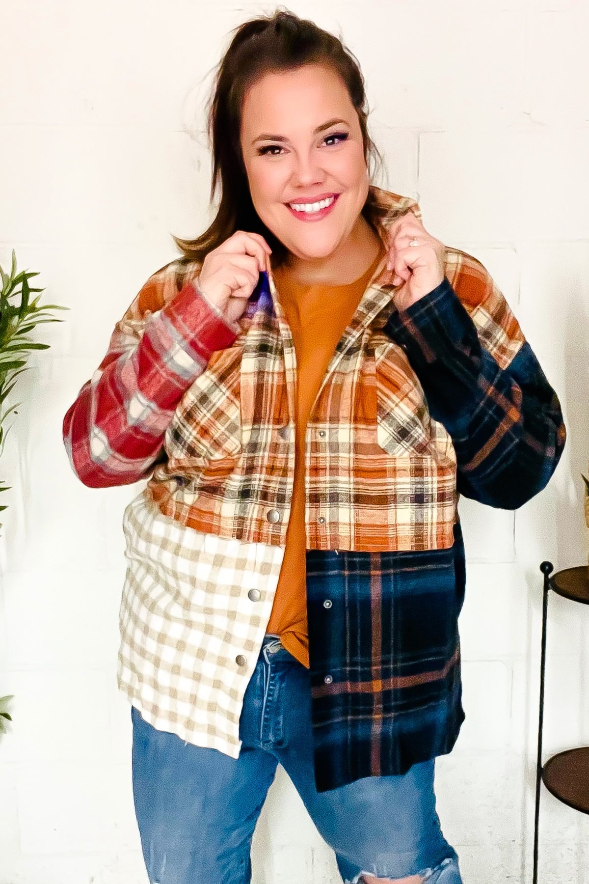 Muticolor Plaid Color Block Snap Button Shacket