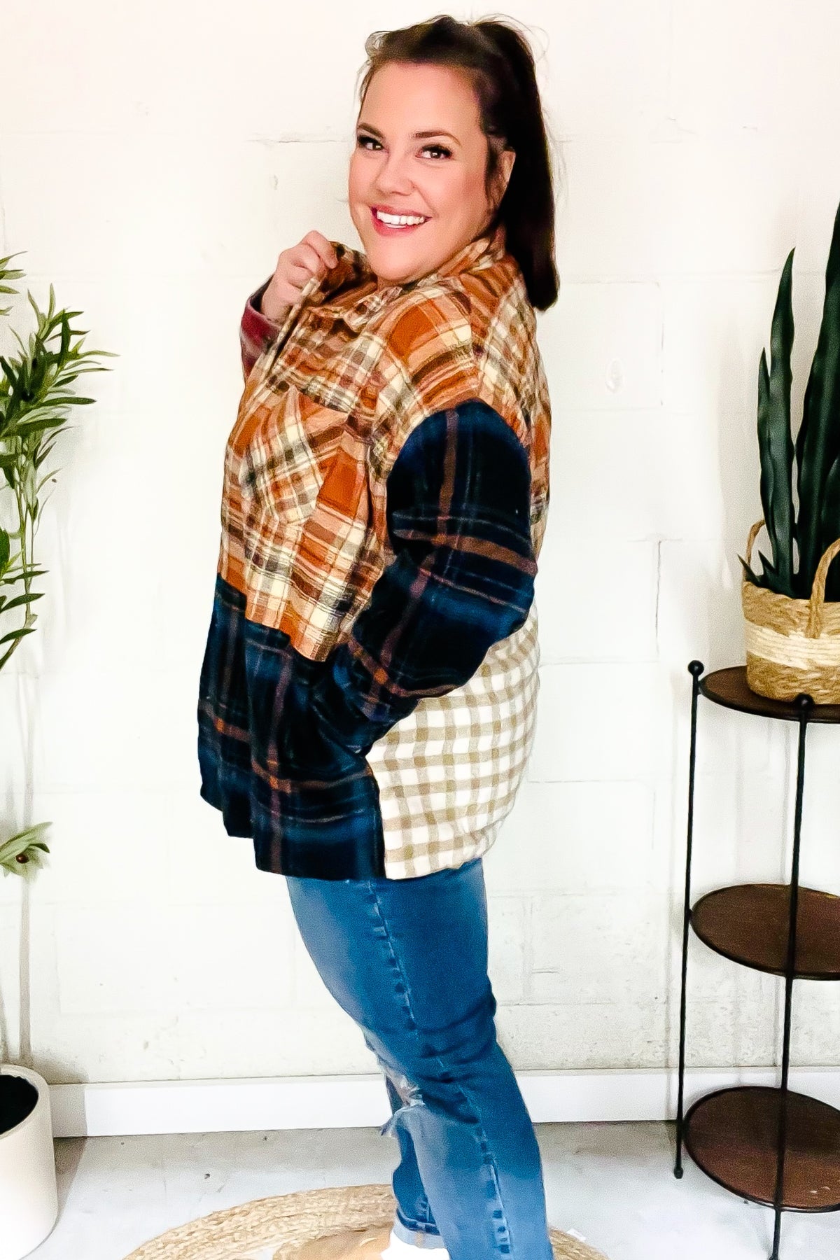 Muticolor Plaid Color Block Snap Button Shacket