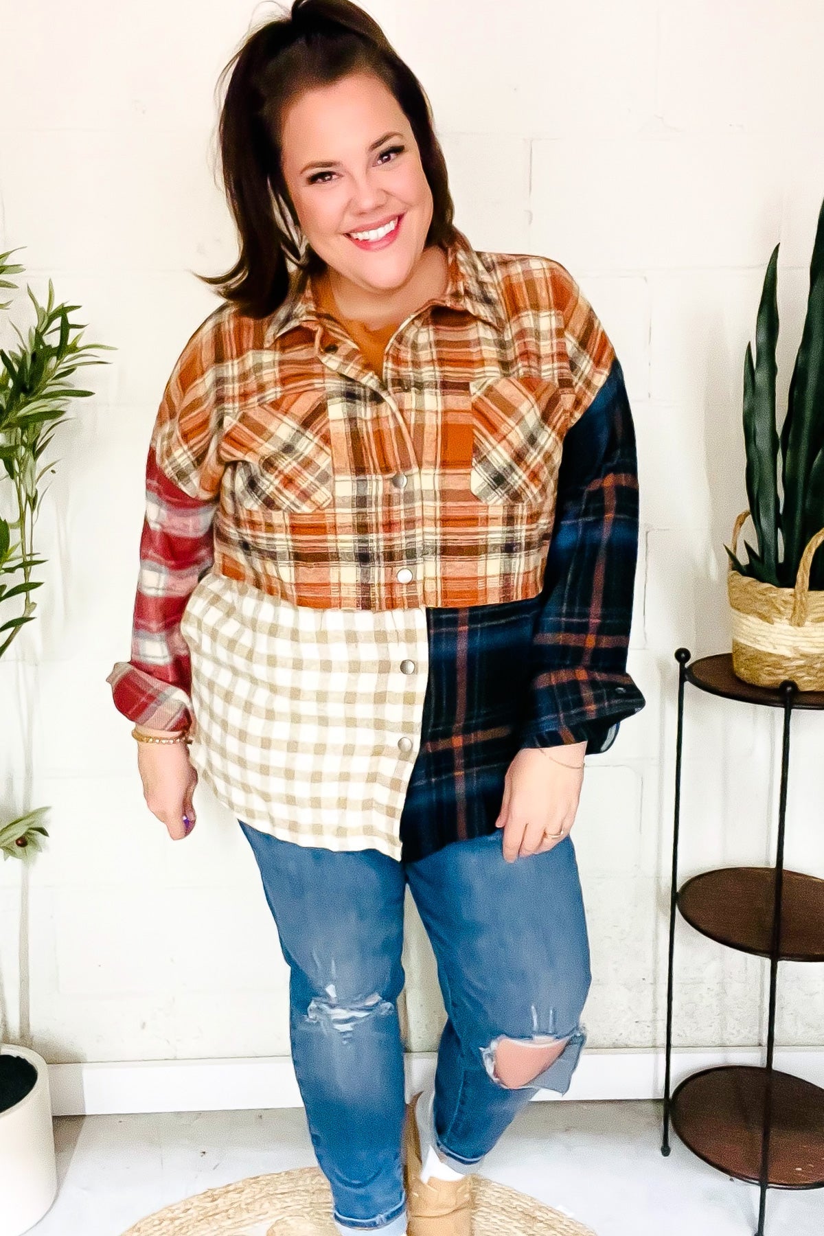 Muticolor Plaid Color Block Snap Button Shacket