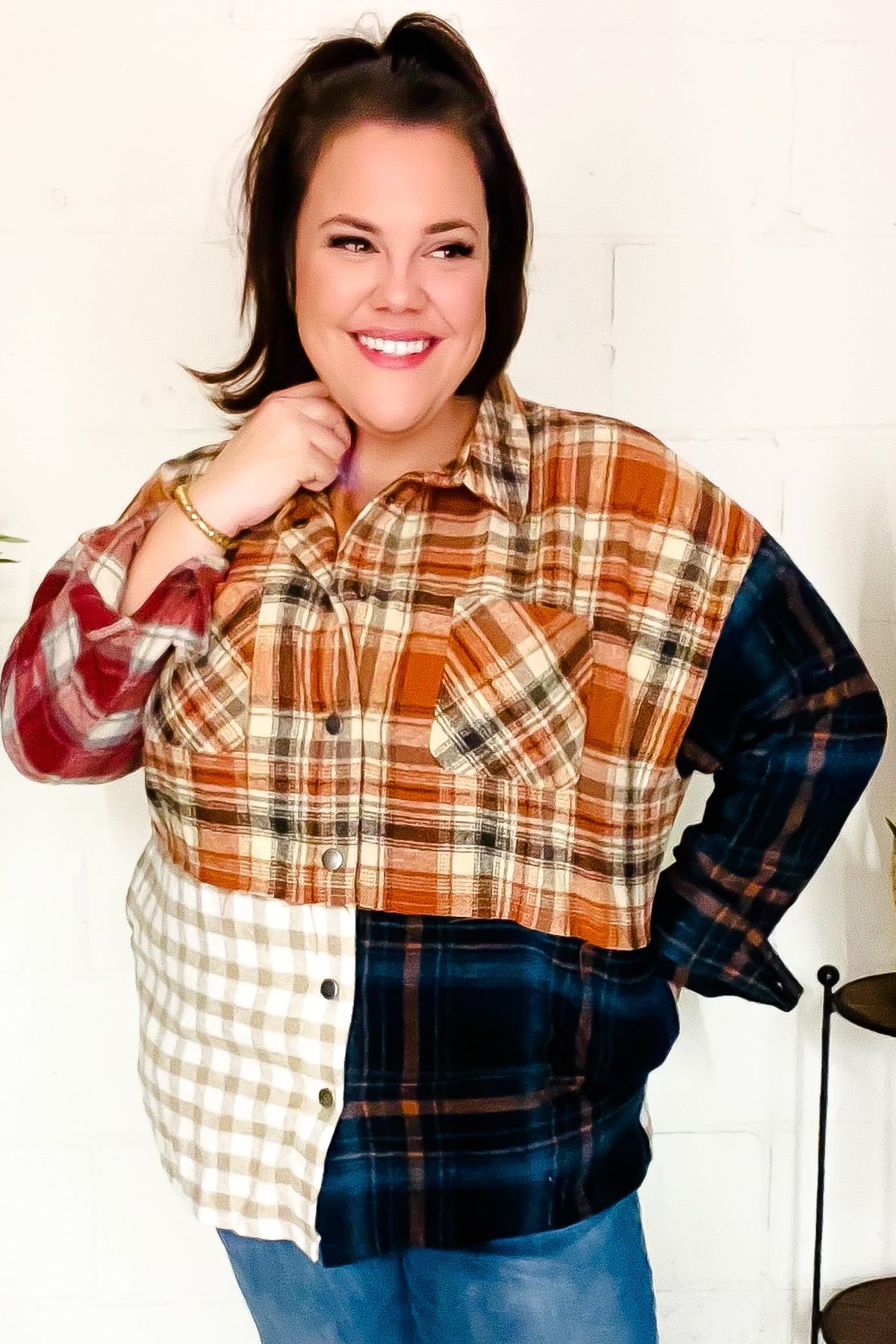 Muticolor Plaid Color Block Snap Button Shacket