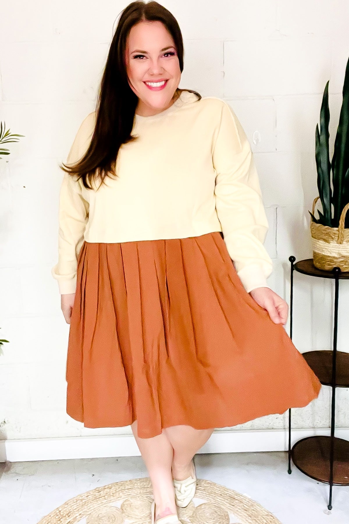 Cream & Rust 2-in-1 Pleated Dress