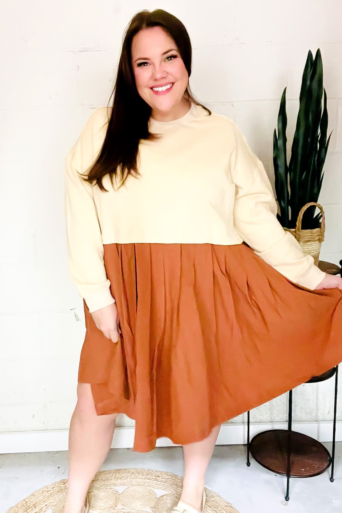 Cream & Rust 2-in-1 Pleated Dress